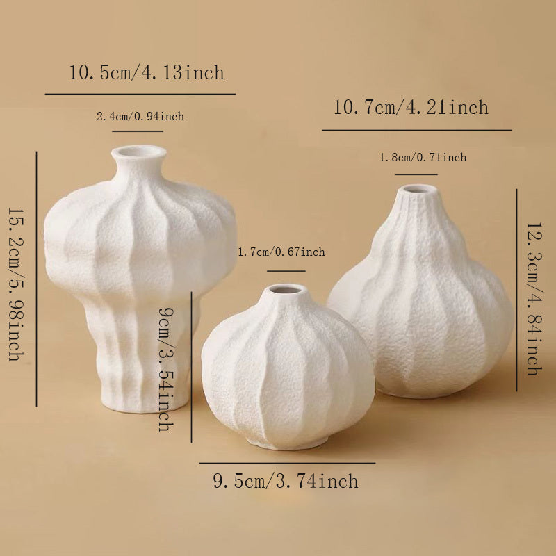3pcs Bohemian Ceramic Vase Set - European Retro Wave-Like Textured White Glossy Round Cylindrical Vases, Multi-Size Ceramic Flower Pot for Decor, Table Centerpiece, Shelf Display, Wedding & Party Decoration (Ceramic Clay