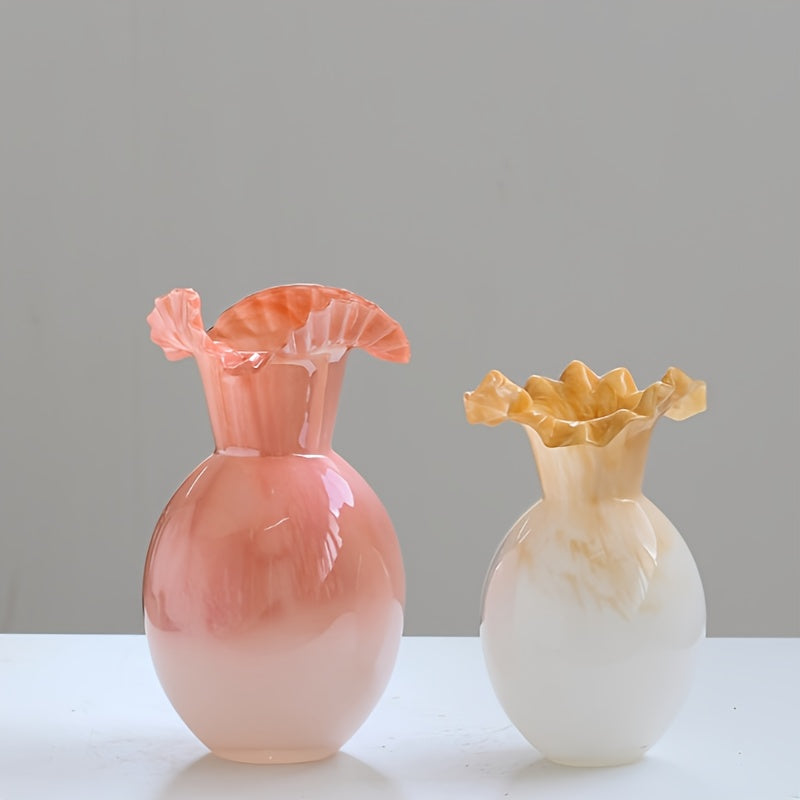 Elegant Gradient Yellow Glass Vase with Wave Mouth Design - Nordic French Style, Perfect for Living Room or Dining Table Decor, Adds a Touch of Sophistication to Any Space, Vases Home Deco