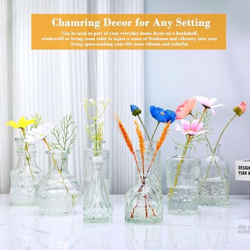 8 Clear Glass Bud Vase Set - Vintage Cylinder-Shaped Mini Vases for Home, Office, Bedroom & Wedding Decor, No Electricity Needed, Perfect for Floral Arrangements