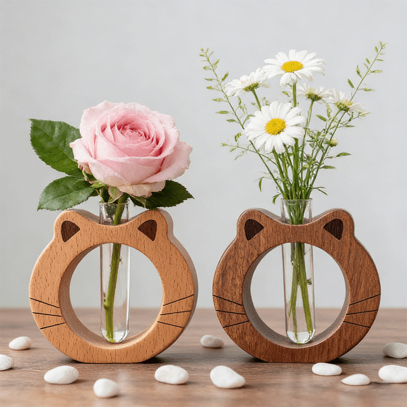 A Modern And Stylish Wooden Vase with a Cute Cat-Shaped Round Base, Featuring a Glass Tube for Transparent Flower Hydroponics. This Plant Hydroponic Vase Is Perfect for Home Decor, Hotel Apartments, And Office Desktop Ornaments