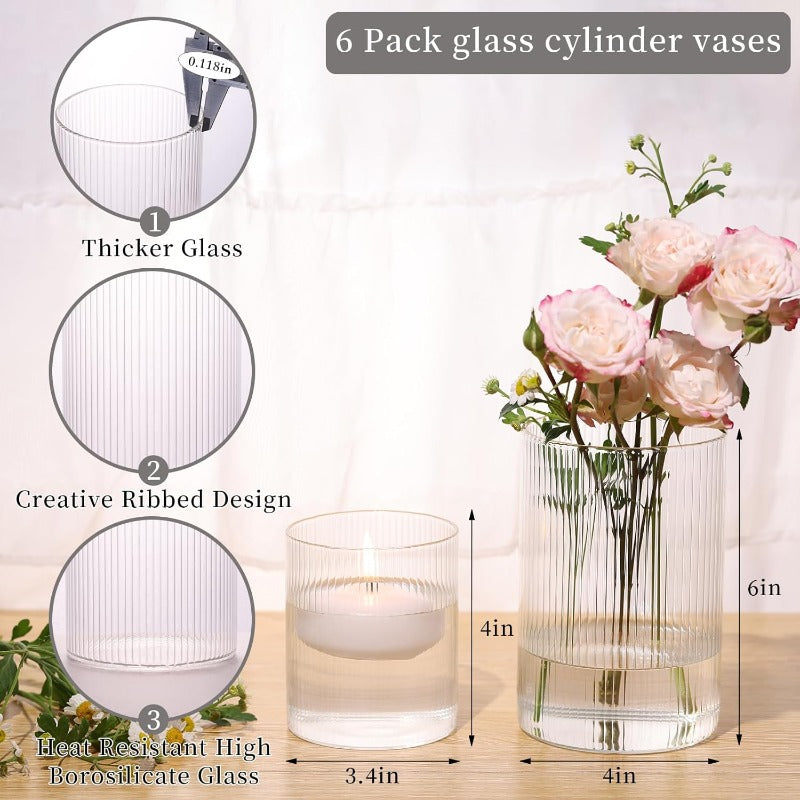 12pcs Clear Glass Cylinder Vases Set - Vintage Ribbed Vase Collection with 4\