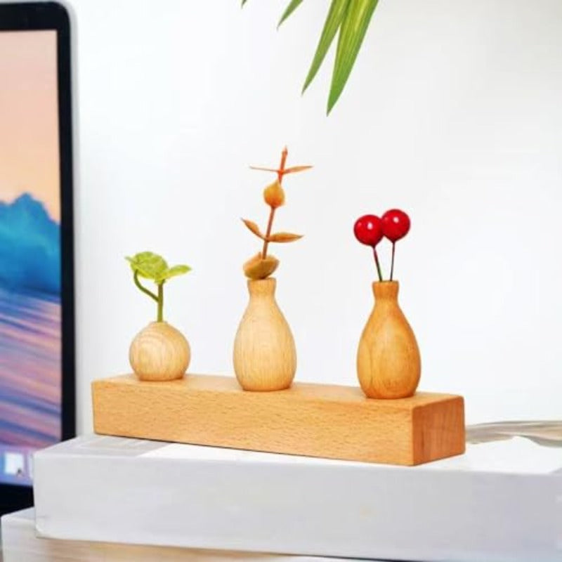 3pcs Handmade Wooden Bud Vases | Small Cylinder Vases for Micro Landscape Ornament Decor, Chic for Living Room Dining Table Shelves