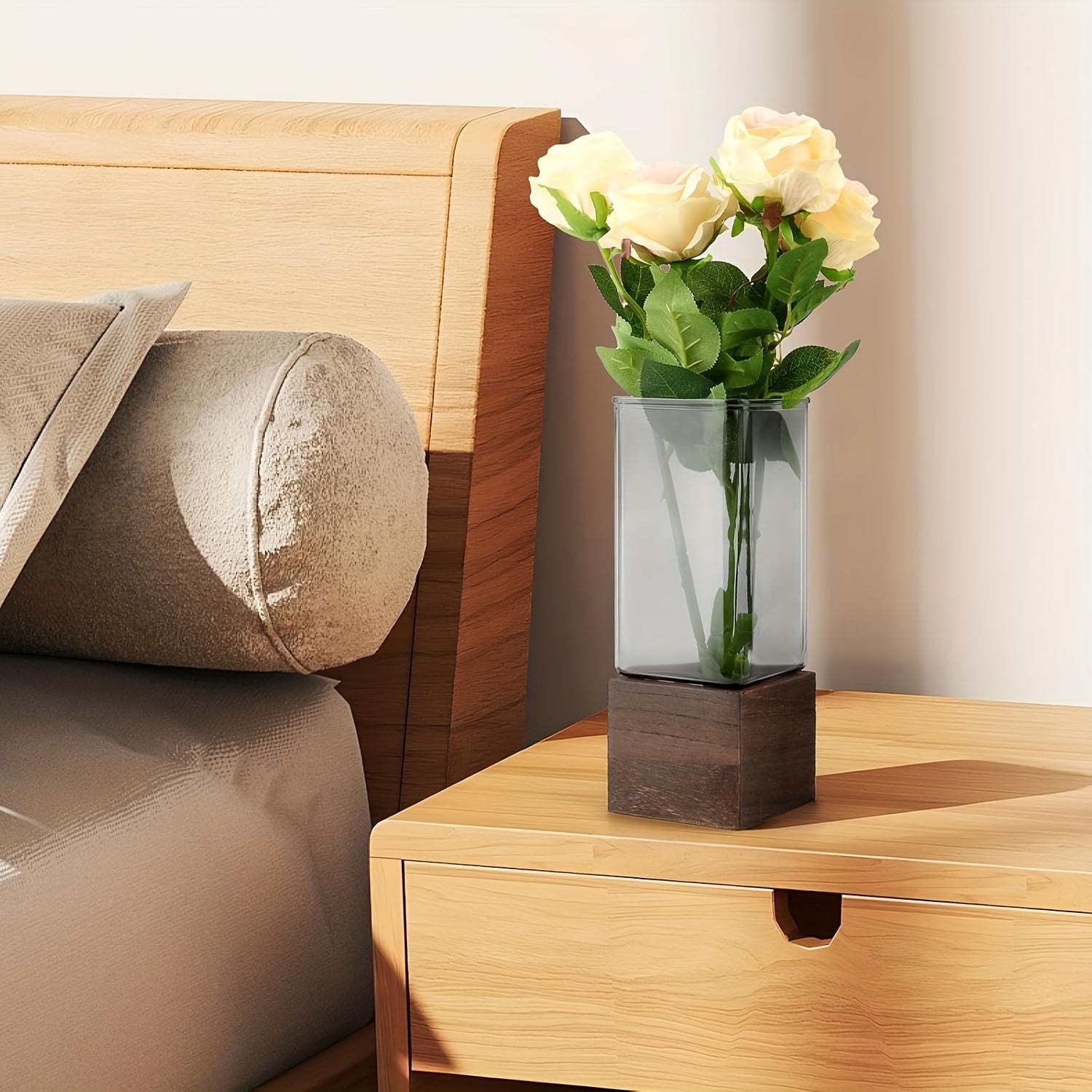 An Elegant Art Glass Vase with a Wooden Base - a High-Quality And Durable Decorative Accent | The Perfect Gift for Housewarming, Christmas, Birthdays, And Holidays | Suitable for Fresh\u002FDried Flowers, Living Room Tables, Dining Centerpieces