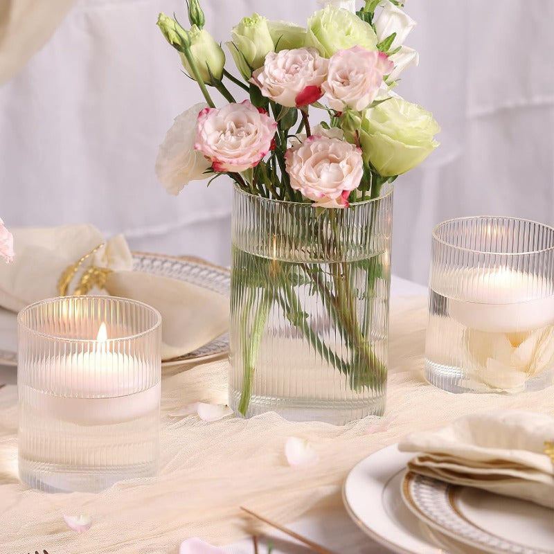 12pcs Clear Glass Cylinder Vases Set - Vintage Ribbed Vase Collection with 4\