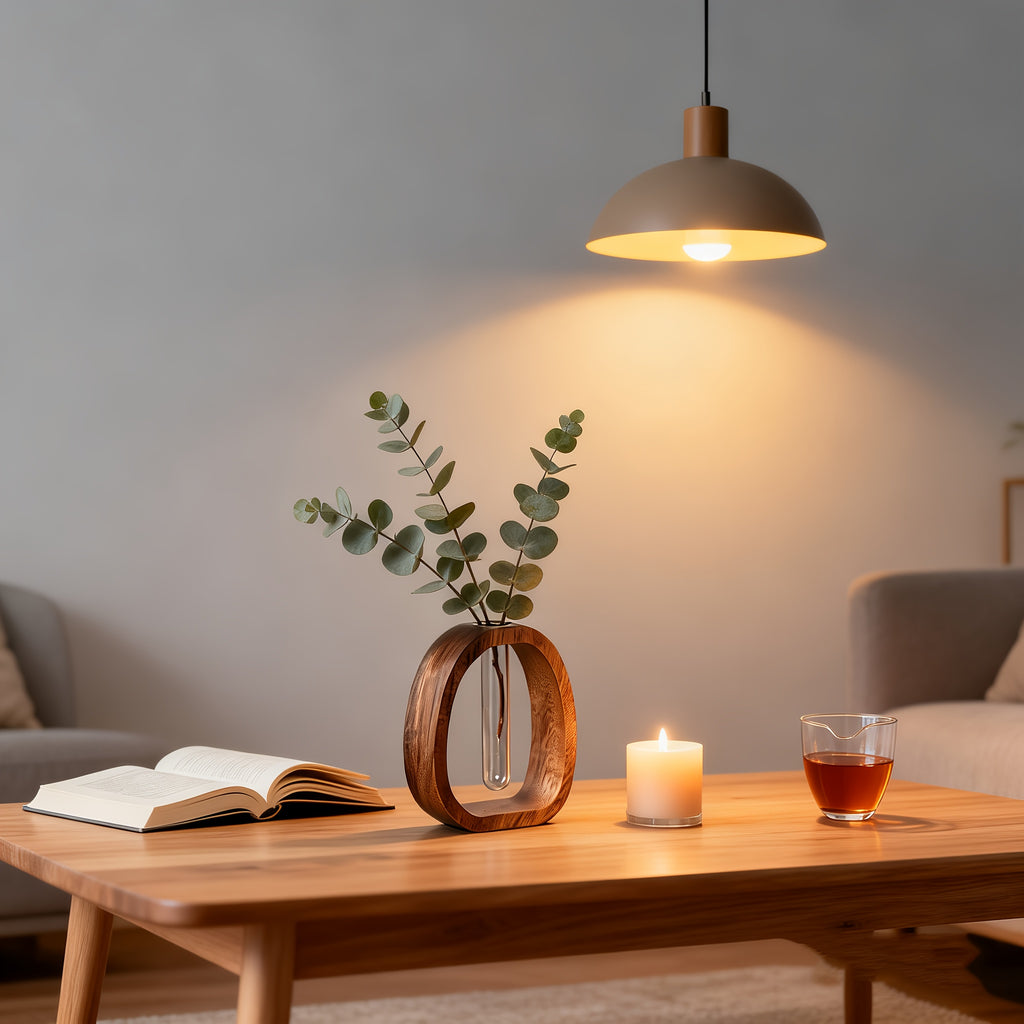 Walnut Wood Glass Flower Vase with Test Tubes | Modern Hydroponic Planter for Fresh Cut Flowers | Handcrafted Tabletop Decor for Home, Office, Farmhouse Style