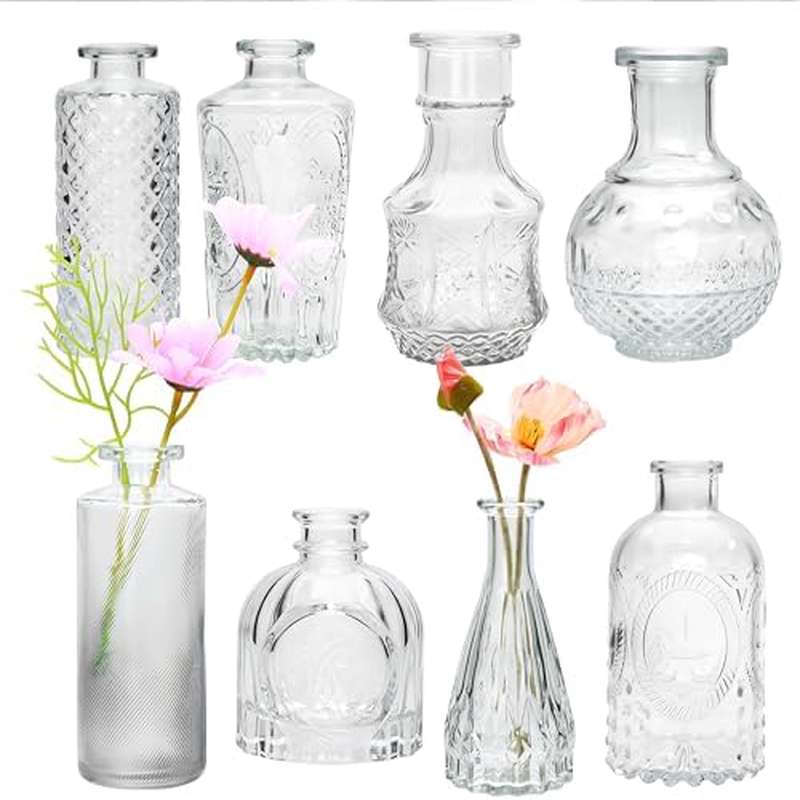 8 Clear Glass Bud Vase Set - Vintage Cylinder-Shaped Mini Vases for Home, Office, Bedroom & Wedding Decor, No Electricity Needed, Perfect for Floral Arrangements