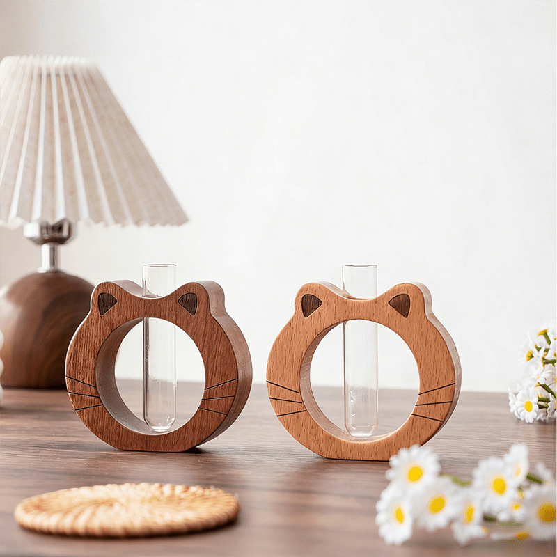 A Modern And Stylish Wooden Vase with a Cute Cat-Shaped Round Base, Featuring a Glass Tube for Transparent Flower Hydroponics. This Plant Hydroponic Vase Is Perfect for Home Decor, Hotel Apartments, And Office Desktop Ornaments