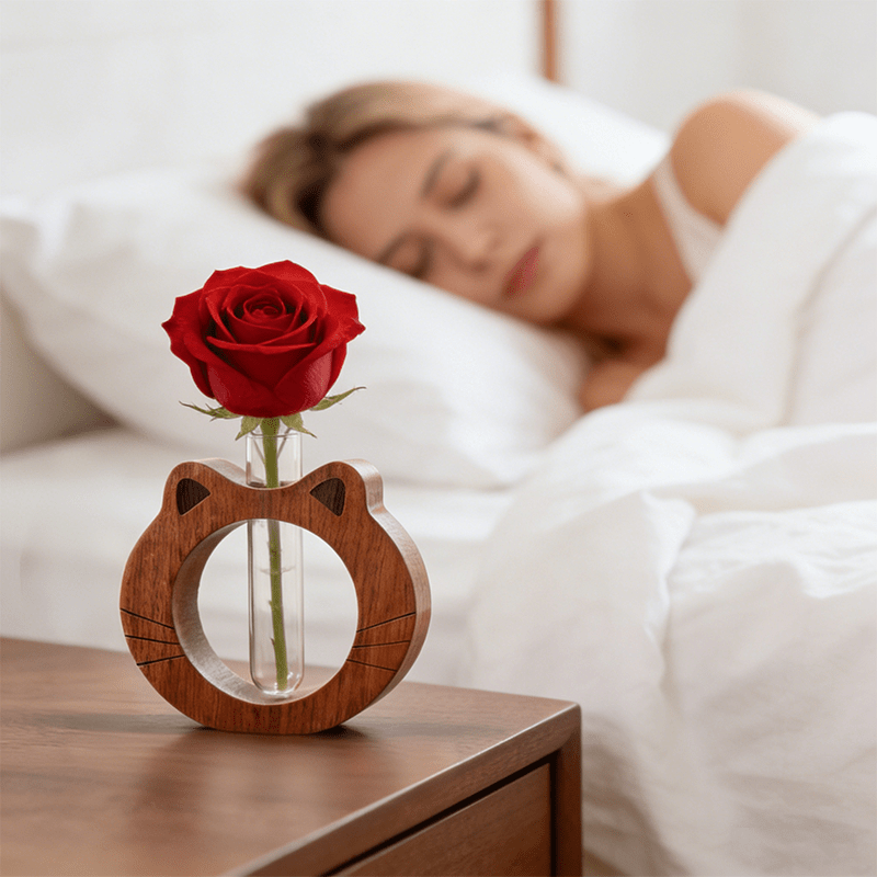 A Modern And Stylish Wooden Vase with a Cute Cat-Shaped Round Base, Featuring a Glass Tube for Transparent Flower Hydroponics. This Plant Hydroponic Vase Is Perfect for Home Decor, Hotel Apartments, And Office Desktop Ornaments