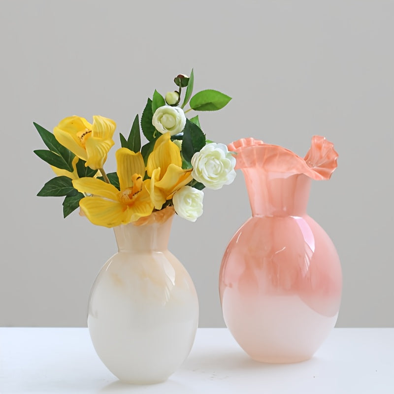Elegant Gradient Yellow Glass Vase with Wave Mouth Design - Nordic French Style, Perfect for Living Room or Dining Table Decor, Adds a Touch of Sophistication to Any Space, Vases Home Deco