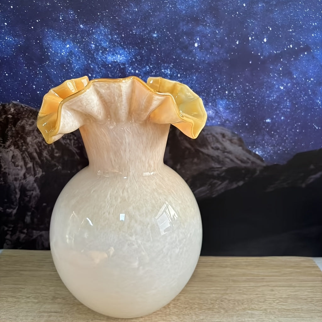 Elegant Gradient Yellow Glass Vase with Wave Mouth Design - Nordic French Style, Perfect for Living Room or Dining Table Decor, Adds a Touch of Sophistication to Any Space, Vases Home Deco