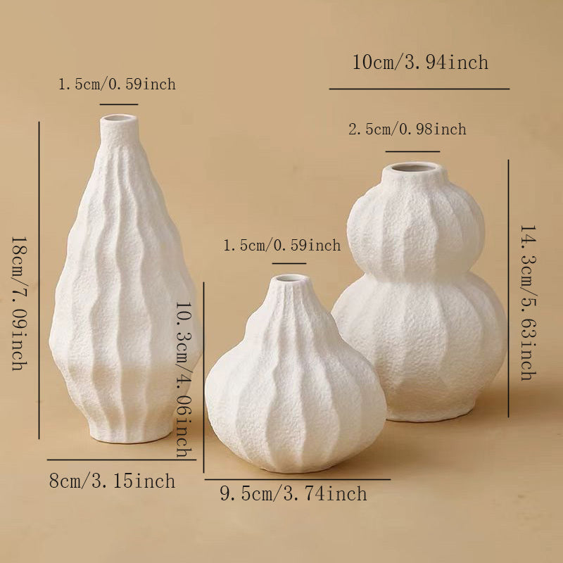 3pcs Bohemian Ceramic Vase Set - European Retro Wave-Like Textured White Glossy Round Cylindrical Vases, Multi-Size Ceramic Flower Pot for Decor, Table Centerpiece, Shelf Display, Wedding & Party Decoration (Ceramic Clay
