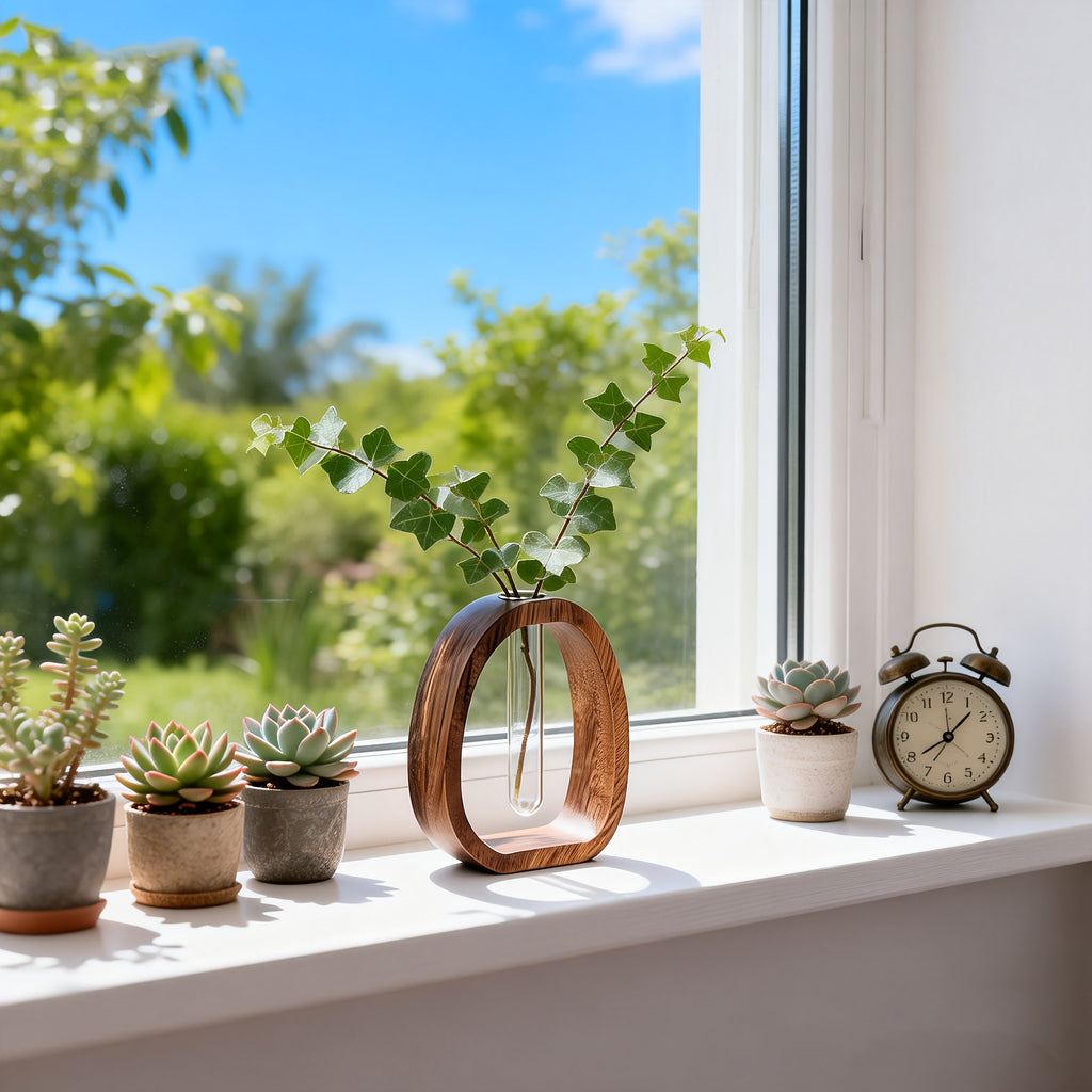 Walnut Wood Glass Flower Vase with Test Tubes | Modern Hydroponic Planter for Fresh Cut Flowers | Handcrafted Tabletop Decor for Home, Office, Farmhouse Style
