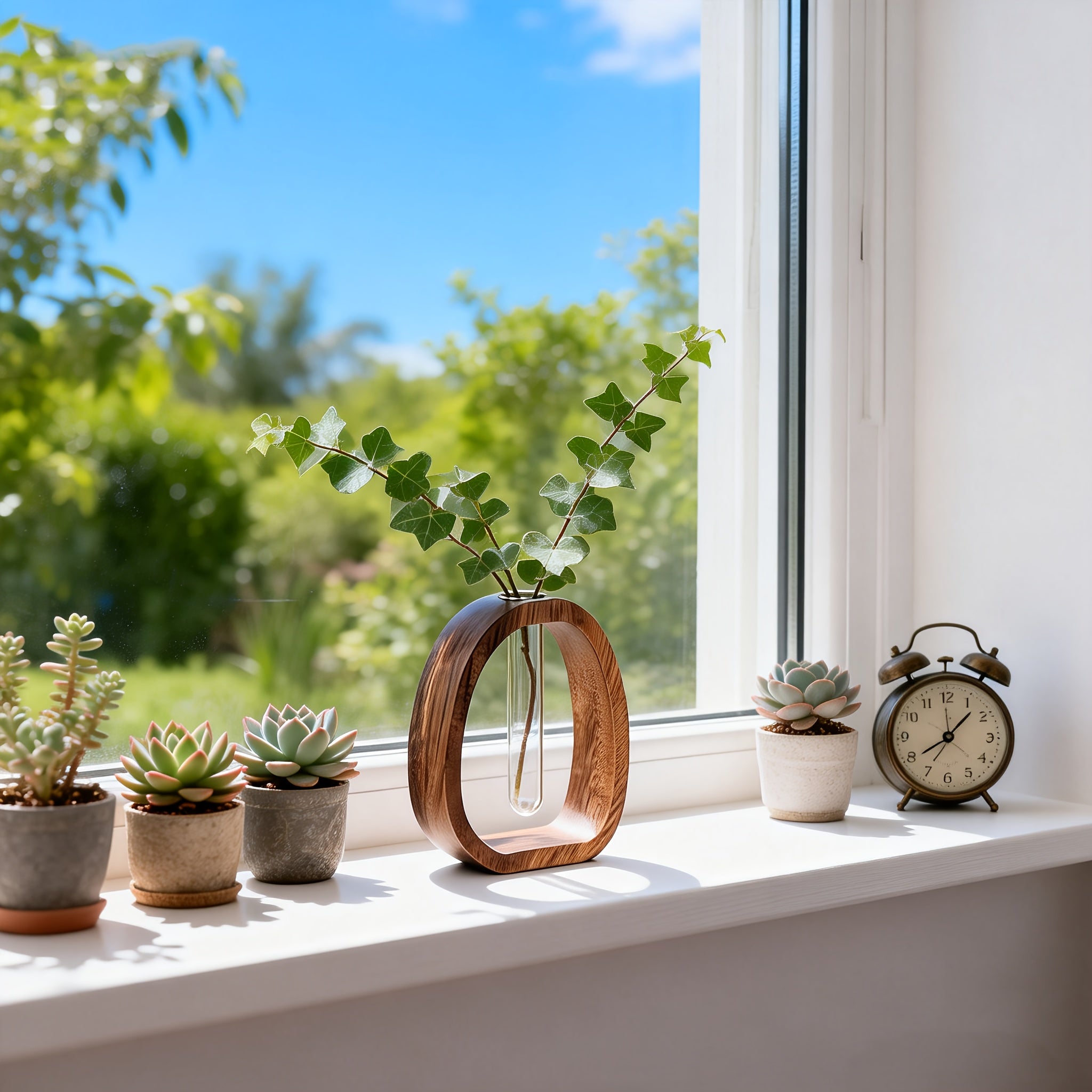 Walnut Wood Glass Flower Vase with Test Tubes | Modern Hydroponic Planter for Fresh Cut Flowers | Handcrafted Tabletop Decor for Home, Office, Farmhouse Style