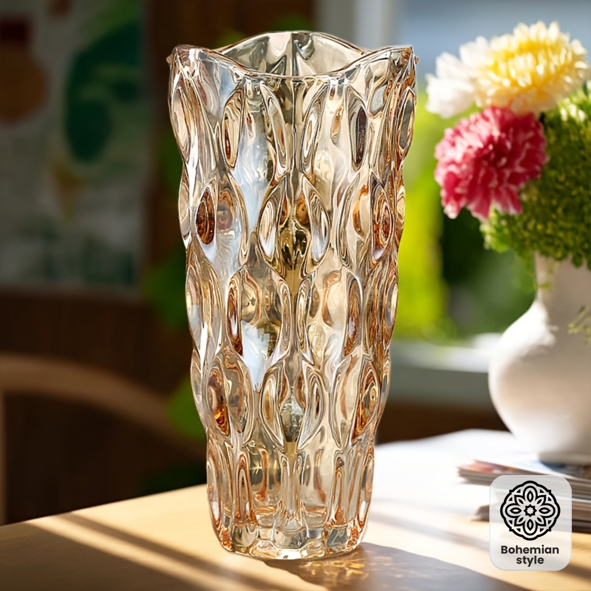 1pc Vintage Bohemian Crystal Glass Vase with Diamond Cut Patterns & Glossy Finish – 9-Inch Trumpet-Shaped Home Decor for Weddings, Table Centerpieces, and Elegant Floral Arrangements