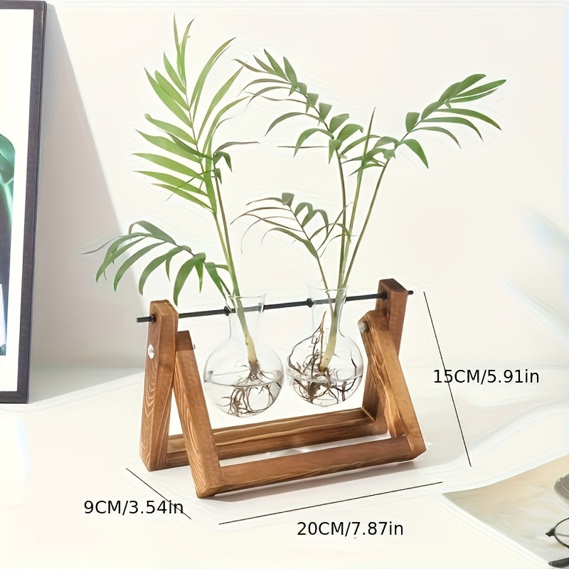 1pc Creative Wooden Stand and Hydroponic Glass Vase, Pothos Plant Vase Decoration, Indoor Desktop Ornament, Office Decorative Accessory