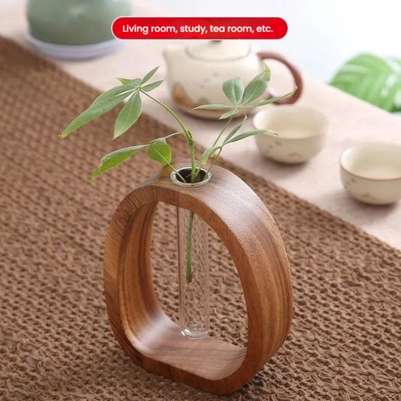 Walnut Wood Glass Flower Vase with Test Tubes | Modern Hydroponic Planter for Fresh Cut Flowers | Handcrafted Tabletop Decor for Home, Office, Farmhouse Style