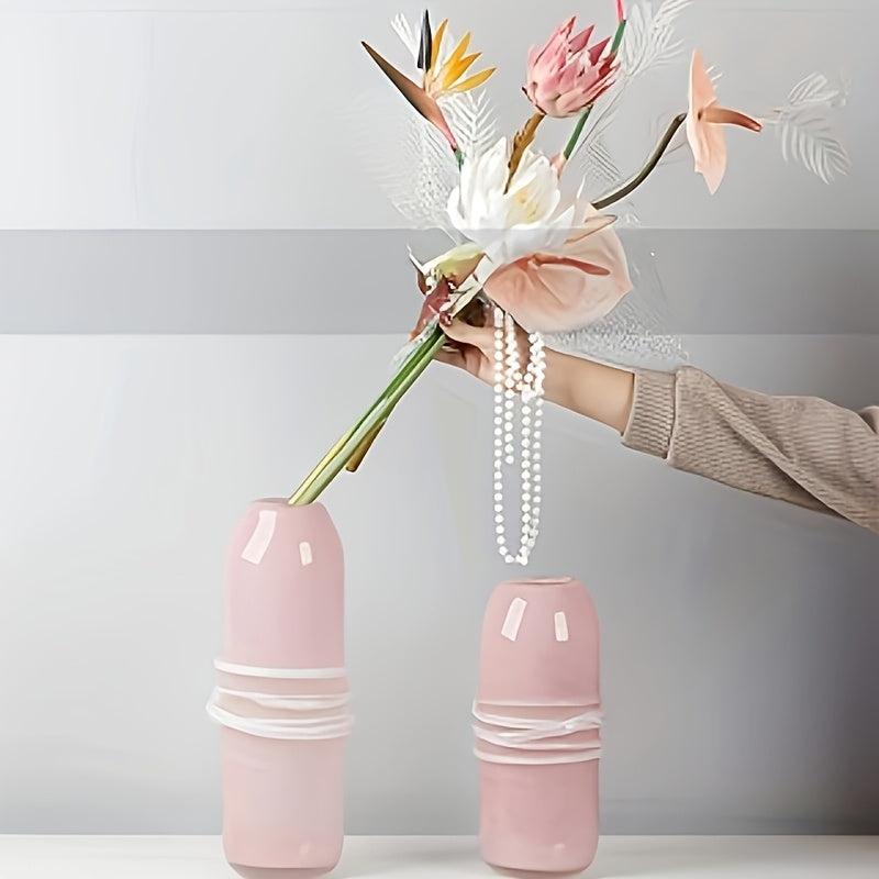 Modern Minimalist Pink Glass Vase Suitable for Living Room Decor - Retro Round Cylinder Flower Vase with Glass Body, Elegant Centerpiece for Arrangements, Wedding,, Table Centerpiece, Glass Flower Holder