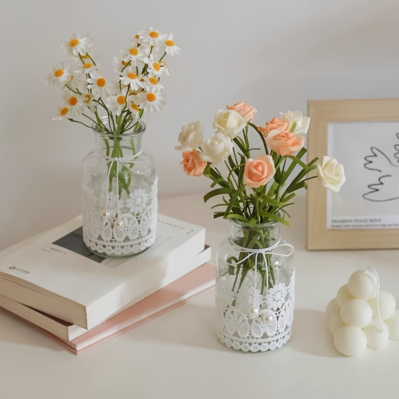 1pc Vintage Lace-Ring Detailed Clear Glass Bud Vase | Shatter-Resistant Compact Space-Saving Floral Holder for Guesthouse Windows, Bedside Tables, Wedding Table Scatters, Farmhouse Shelves & Cafe Countertop Displays