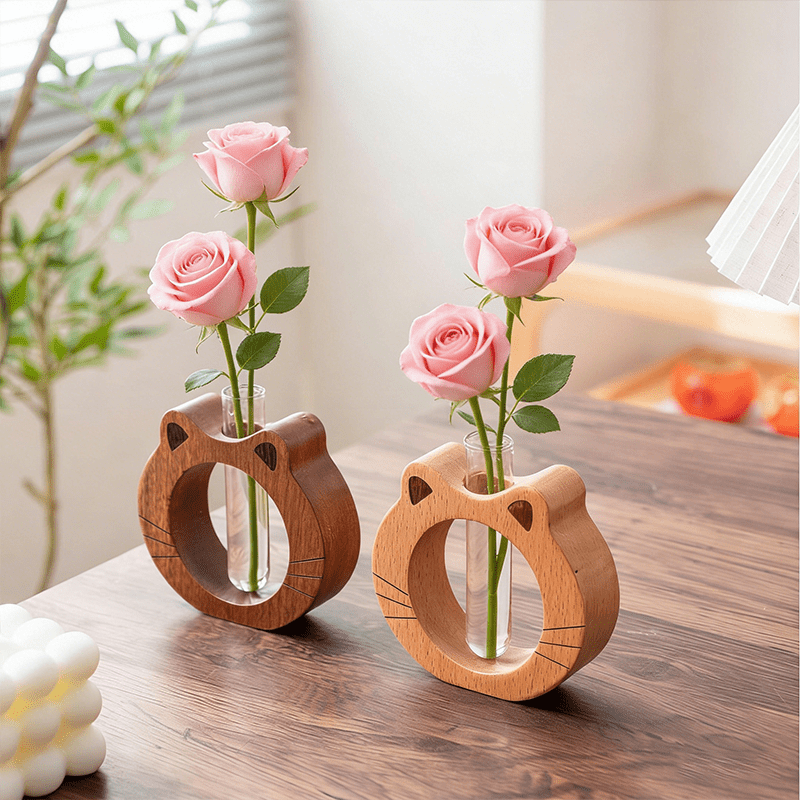 A Modern And Stylish Wooden Vase with a Cute Cat-Shaped Round Base, Featuring a Glass Tube for Transparent Flower Hydroponics. This Plant Hydroponic Vase Is Perfect for Home Decor, Hotel Apartments, And Office Desktop Ornaments