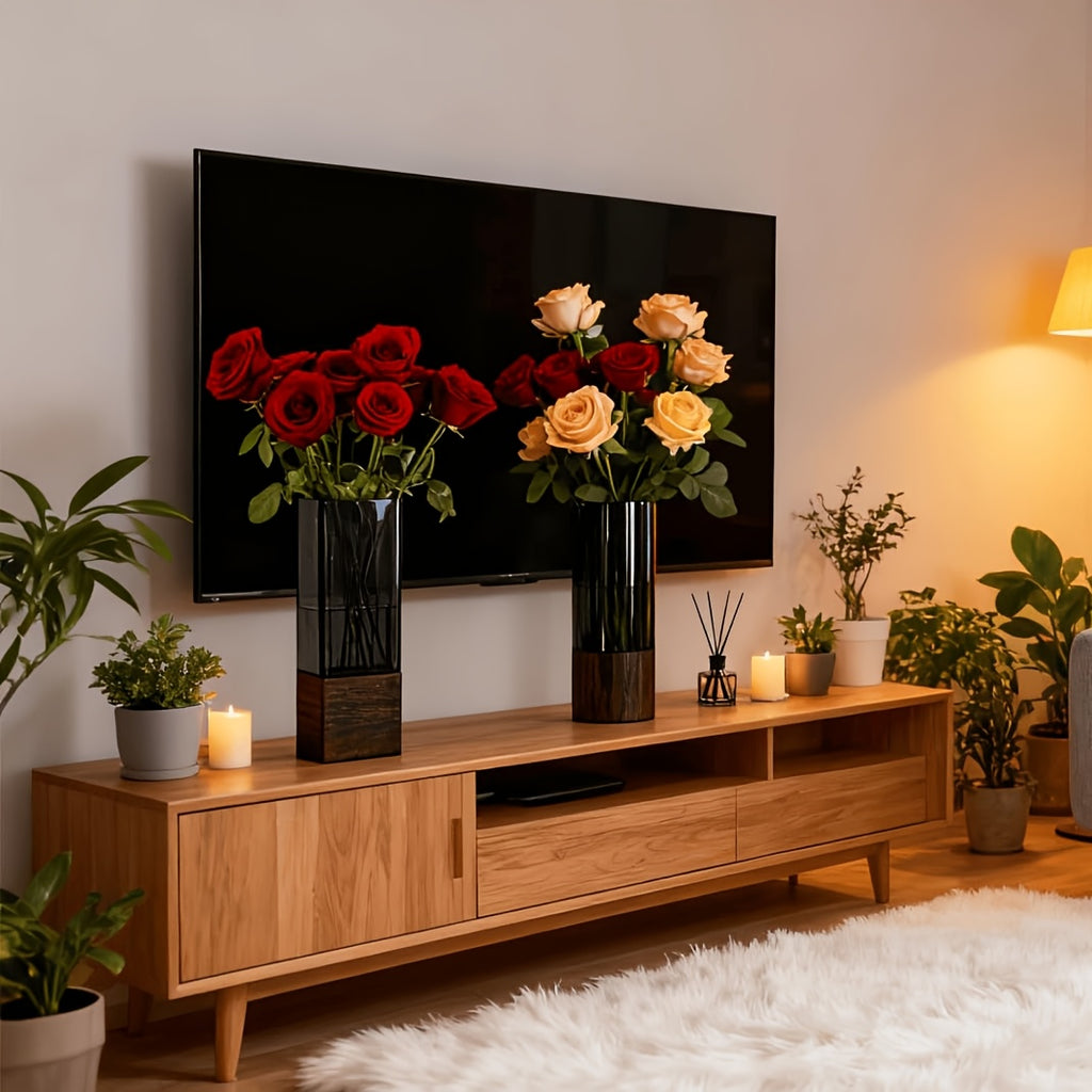 An Elegant Art Glass Vase with a Wooden Base - a High-Quality And Durable Decorative Accent | The Perfect Gift for Housewarming, Christmas, Birthdays, And Holidays | Suitable for Fresh\u002FDried Flowers, Living Room Tables, Dining Centerpieces