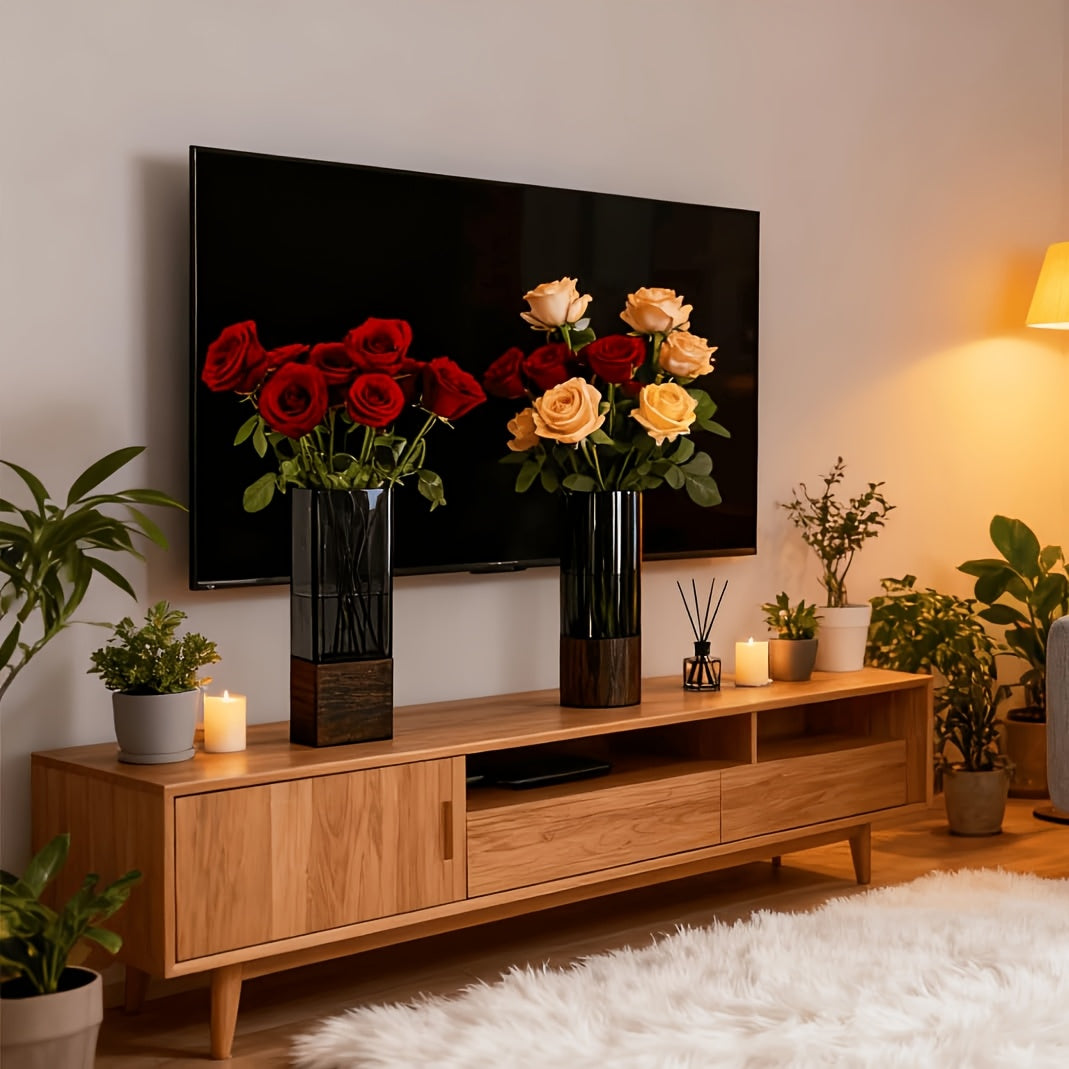 An Elegant Art Glass Vase with a Wooden Base - a High-Quality And Durable Decorative Accent | The Perfect Gift for Housewarming, Christmas, Birthdays, And Holidays | Suitable for Fresh\u002FDried Flowers, Living Room Tables, Dining Centerpieces