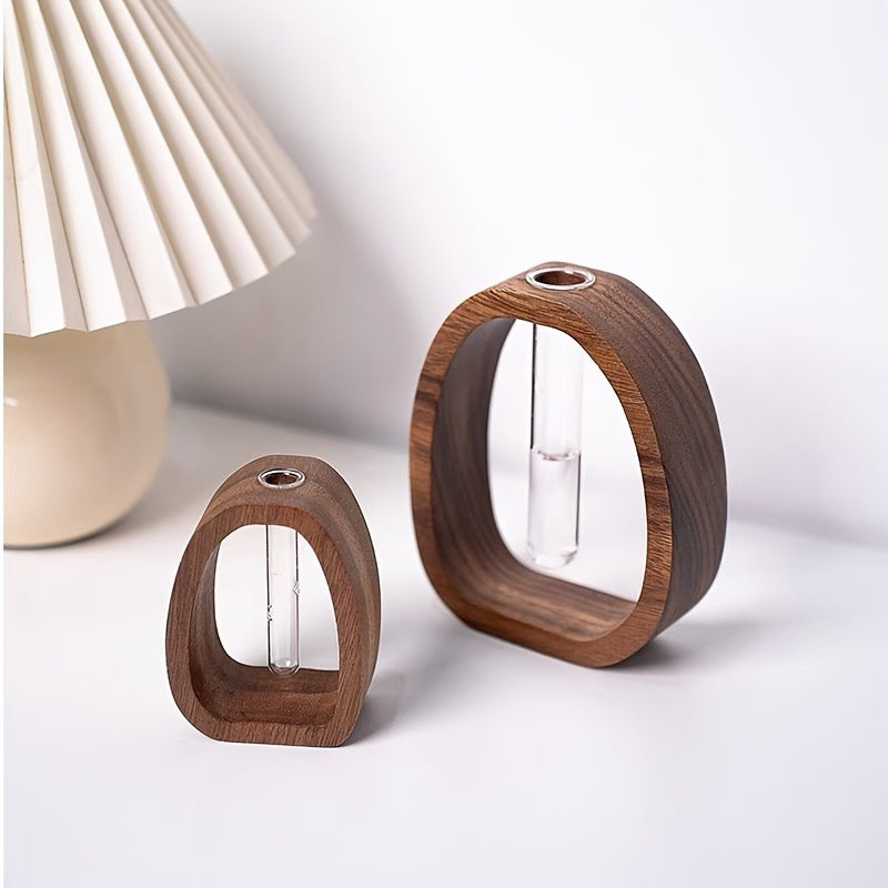 Walnut Wood Glass Flower Vase with Test Tubes | Modern Hydroponic Planter for Fresh Cut Flowers | Handcrafted Tabletop Decor for Home, Office, Farmhouse Style