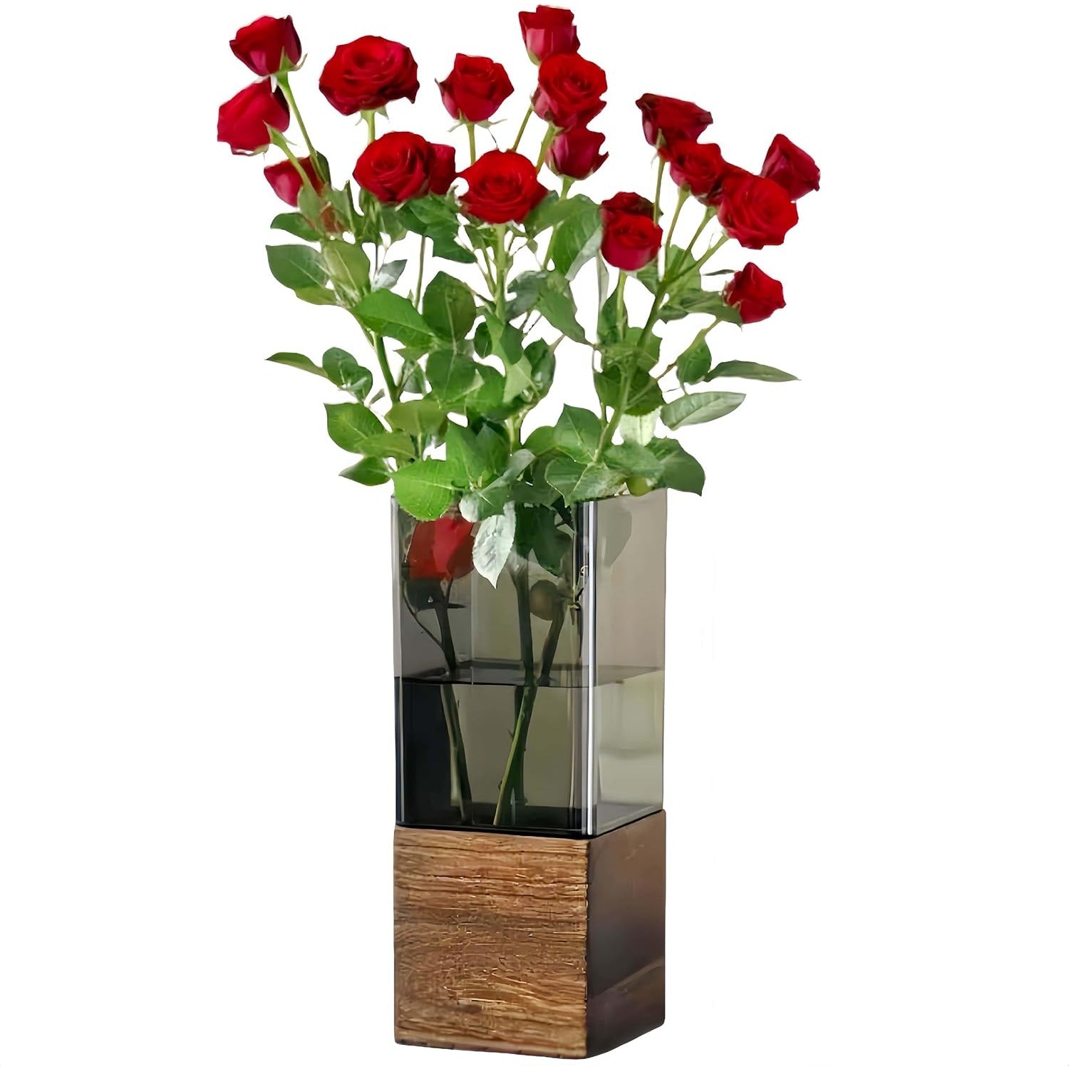 An Elegant Art Glass Vase with a Wooden Base - a High-Quality And Durable Decorative Accent | The Perfect Gift for Housewarming, Christmas, Birthdays, And Holidays | Suitable for Fresh\u002FDried Flowers, Living Room Tables, Dining Centerpieces