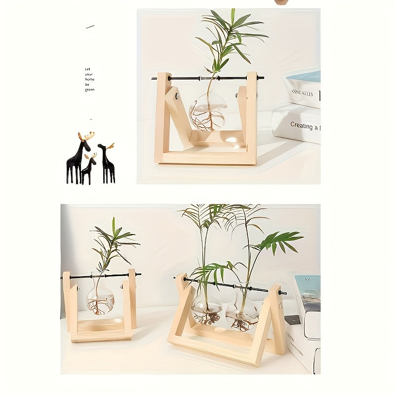 1pc Creative Wooden Stand and Hydroponic Glass Vase, Pothos Plant Vase Decoration, Indoor Desktop Ornament, Office Decorative Accessory
