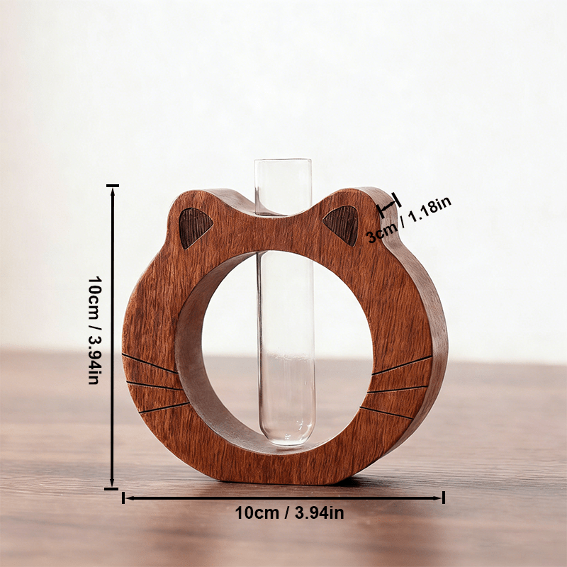 A Modern And Stylish Wooden Vase with a Cute Cat-Shaped Round Base, Featuring a Glass Tube for Transparent Flower Hydroponics. This Plant Hydroponic Vase Is Perfect for Home Decor, Hotel Apartments, And Office Desktop Ornaments