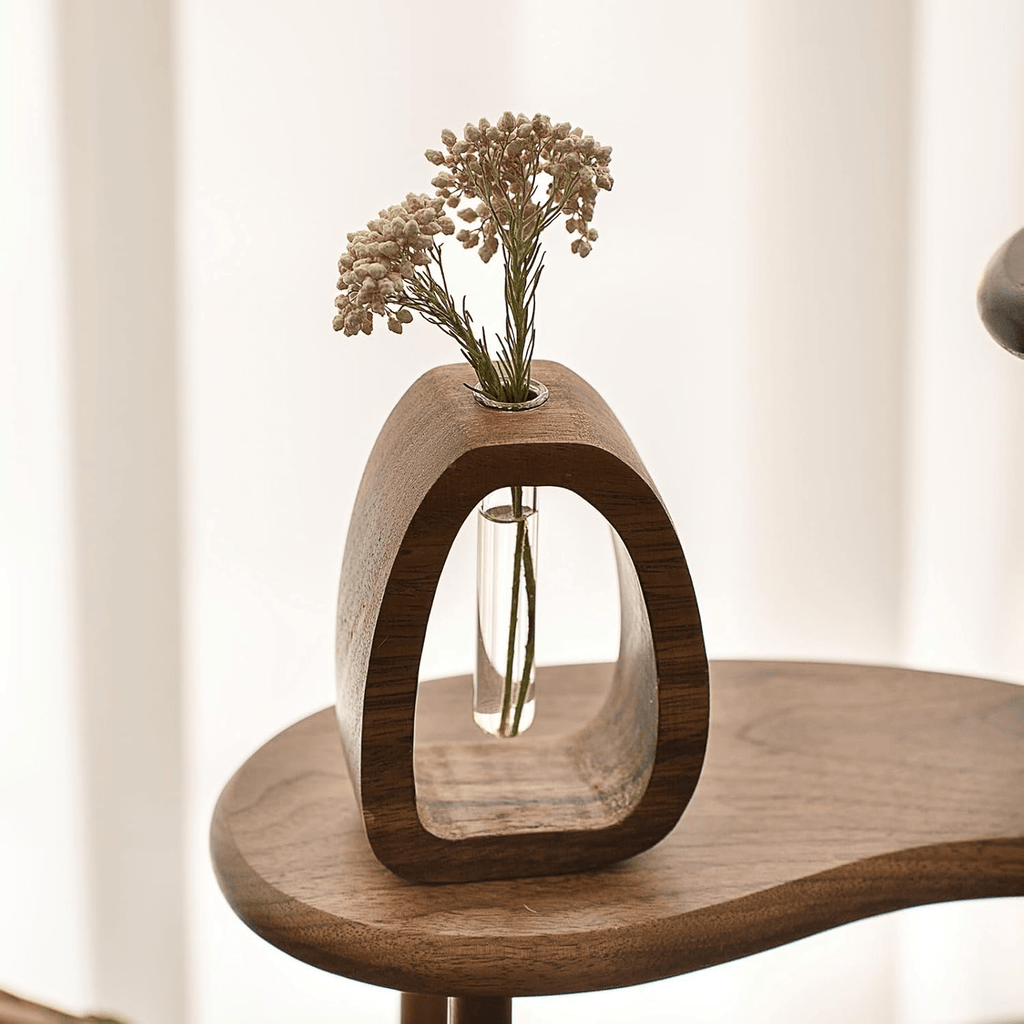 1pc Large Solid Wood (Cedar) Vase with Glass Test Tubes - Modern Base-Stem Vase Suitable for Hydroponic Plants, Aeroponic Systems, Air-Purifying Houseplants - Desk & Shelf Decor for Home Office, Durable Wood Frame Glass Tubes