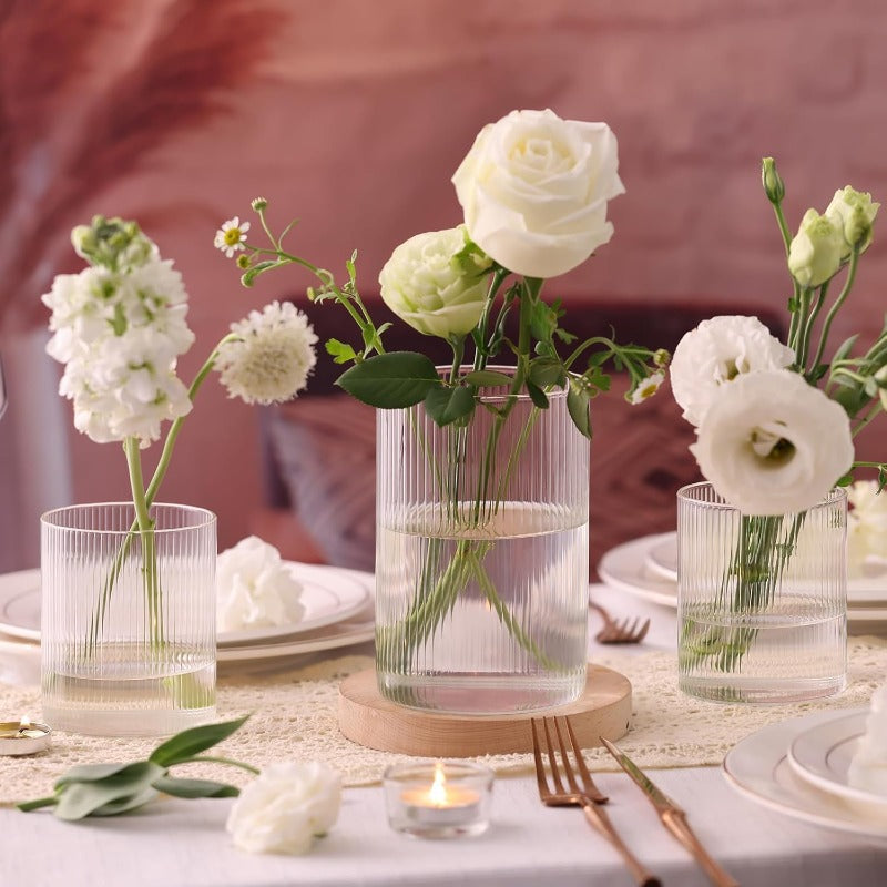 12pcs Clear Glass Cylinder Vases Set - Vintage Ribbed Vase Collection with 4\