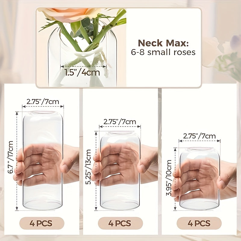 12pcs Transparent Cylinder Vase Set | Windproof Candle Holder Set, Glass Bud Vases for Table Centerpiece Decoration, Modern Floating Candles for Wedding Table Decor, Classic Geometric Style