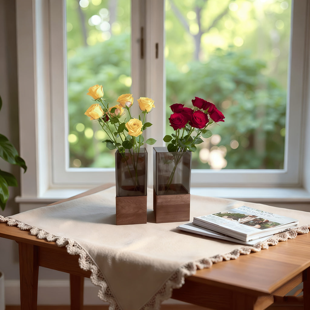 An Elegant Art Glass Vase with a Wooden Base - a High-Quality And Durable Decorative Accent | The Perfect Gift for Housewarming, Christmas, Birthdays, And Holidays | Suitable for Fresh\u002FDried Flowers, Living Room Tables, Dining Centerpieces