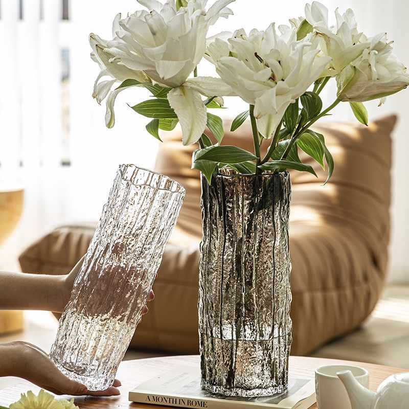 Glacier Texture Glass Vase, Light Luxury Advanced Sense Home Decor, Water Culture Lucky Bamboo Flower Arrangement Ornament