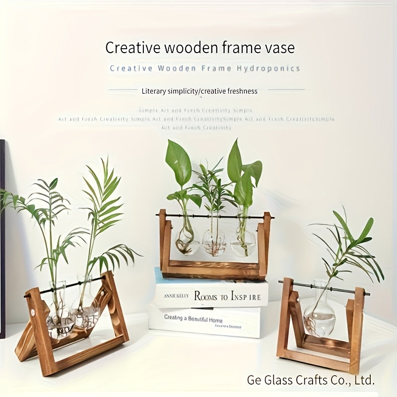 1pc Creative Wooden Stand and Hydroponic Glass Vase, Pothos Plant Vase Decoration, Indoor Desktop Ornament, Office Decorative Accessory