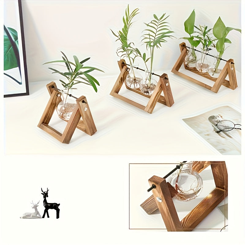 1pc Creative Wooden Stand and Hydroponic Glass Vase, Pothos Plant Vase Decoration, Indoor Desktop Ornament, Office Decorative Accessory