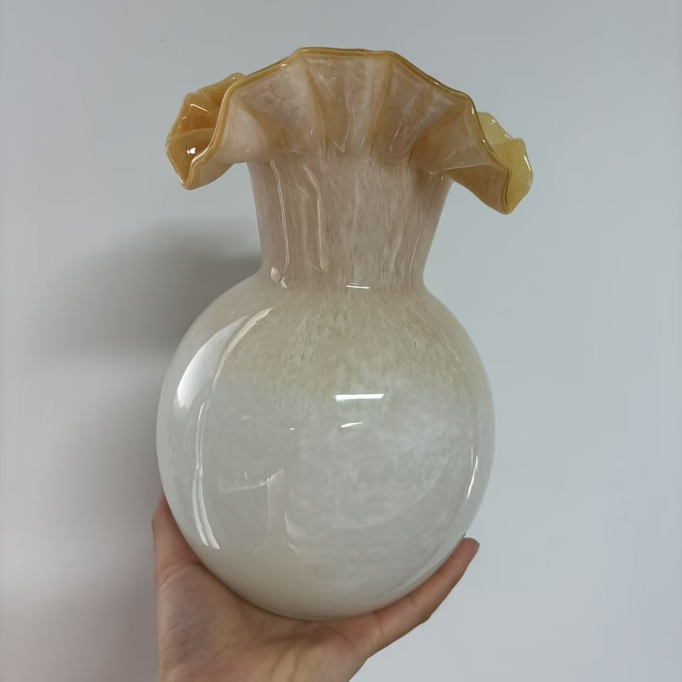 Elegant Gradient Yellow Glass Vase with Wave Mouth Design - Nordic French Style, Perfect for Living Room or Dining Table Decor, Adds a Touch of Sophistication to Any Space, Vases Home Deco