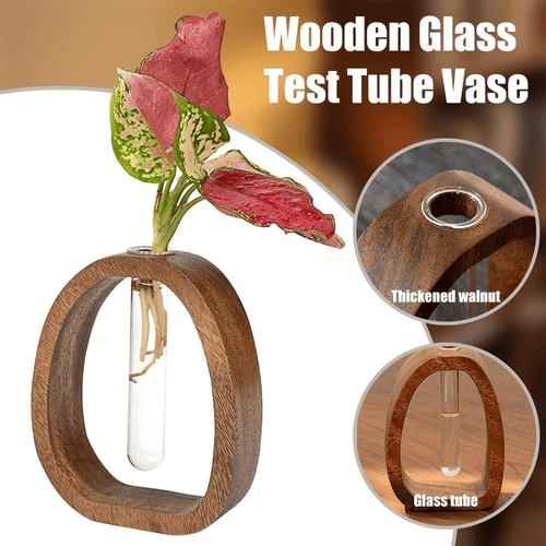 1pc Large Solid Wood (Cedar) Vase with Glass Test Tubes - Modern Base-Stem Vase Suitable for Hydroponic Plants, Aeroponic Systems, Air-Purifying Houseplants - Desk & Shelf Decor for Home Office, Durable Wood Frame Glass Tubes