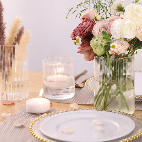 12pcs Clear Glass Cylinder Vases Set - Vintage Ribbed Vase Collection with 4\