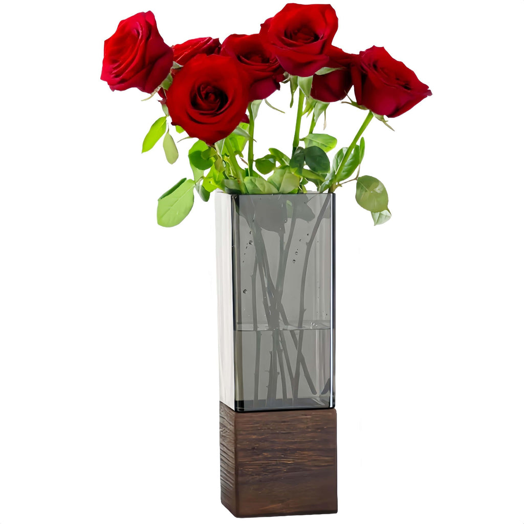 An Elegant Art Glass Vase with a Wooden Base - a High-Quality And Durable Decorative Accent | The Perfect Gift for Housewarming, Christmas, Birthdays, And Holidays | Suitable for Fresh\u002FDried Flowers, Living Room Tables, Dining Centerpieces