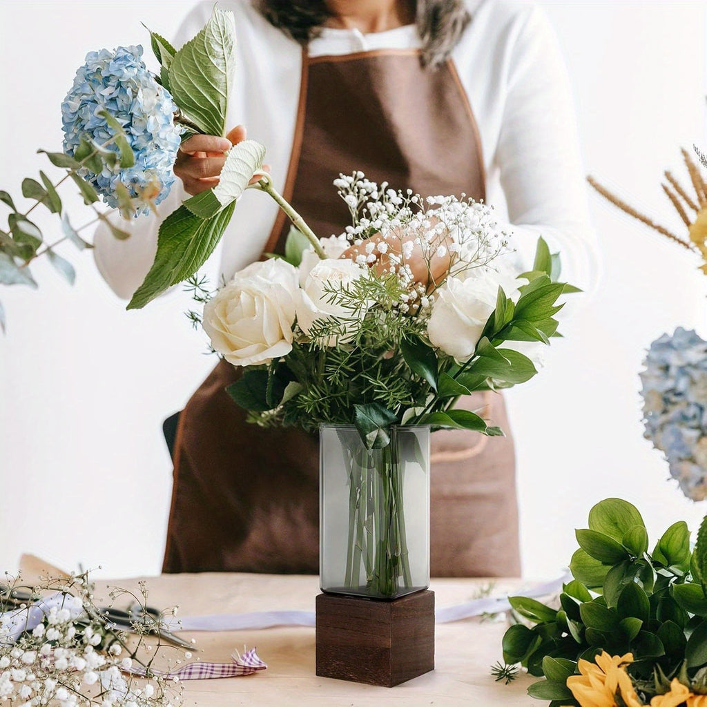 An Elegant Art Glass Vase with a Wooden Base - a High-Quality And Durable Decorative Accent | The Perfect Gift for Housewarming, Christmas, Birthdays, And Holidays | Suitable for Fresh\u002FDried Flowers, Living Room Tables, Dining Centerpieces