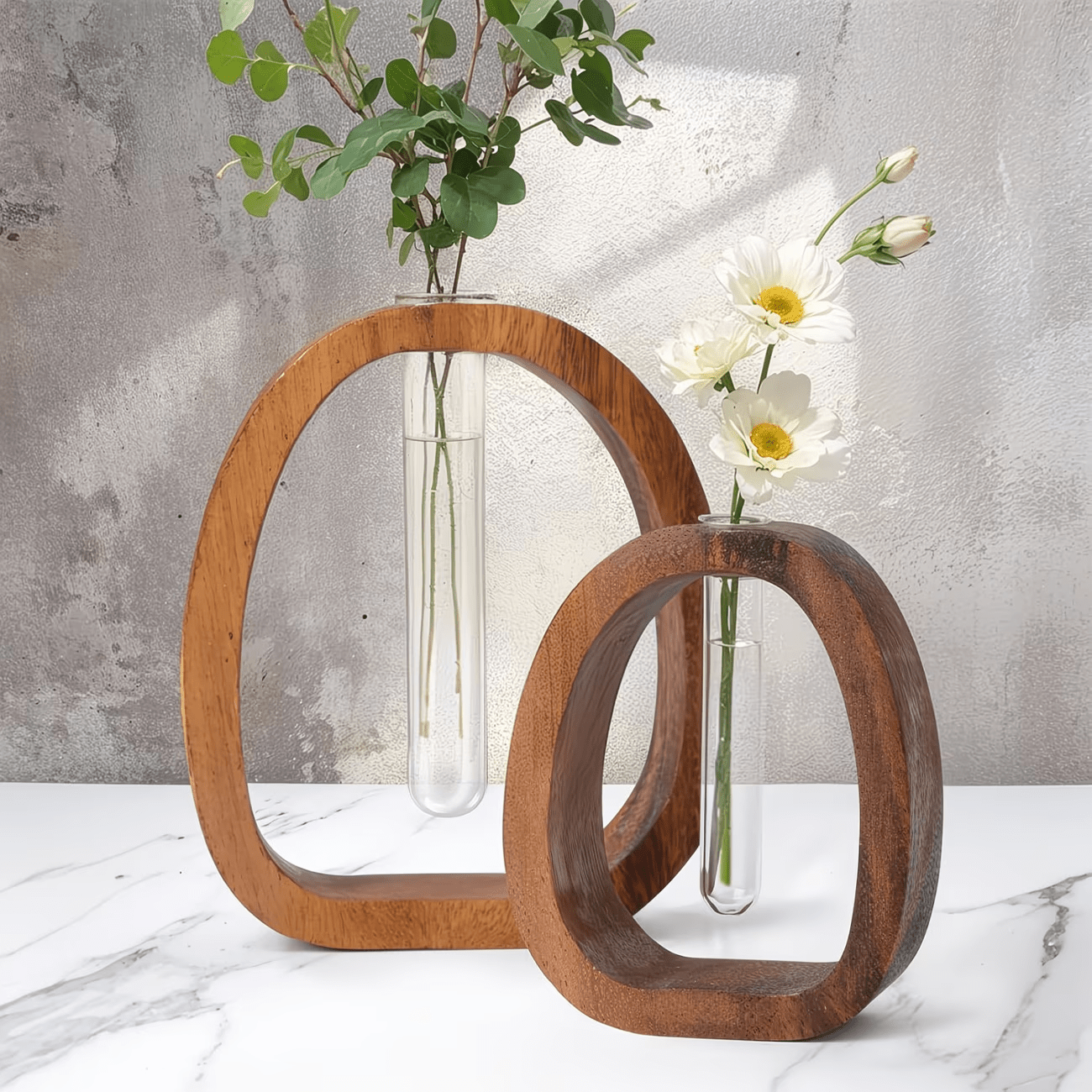 1pc Large Solid Wood (Cedar) Vase with Glass Test Tubes - Modern Base-Stem Vase Suitable for Hydroponic Plants, Aeroponic Systems, Air-Purifying Houseplants - Desk & Shelf Decor for Home Office, Durable Wood Frame Glass Tubes