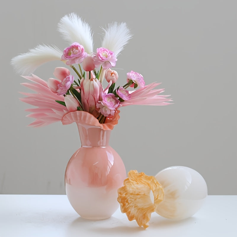 Elegant Gradient Yellow Glass Vase with Wave Mouth Design - Nordic French Style, Perfect for Living Room or Dining Table Decor, Adds a Touch of Sophistication to Any Space, Vases Home Deco