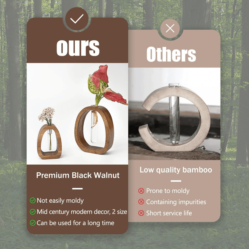 1pc Large Solid Wood (Cedar) Vase with Glass Test Tubes - Modern Base-Stem Vase Suitable for Hydroponic Plants, Aeroponic Systems, Air-Purifying Houseplants - Desk & Shelf Decor for Home Office, Durable Wood Frame Glass Tubes