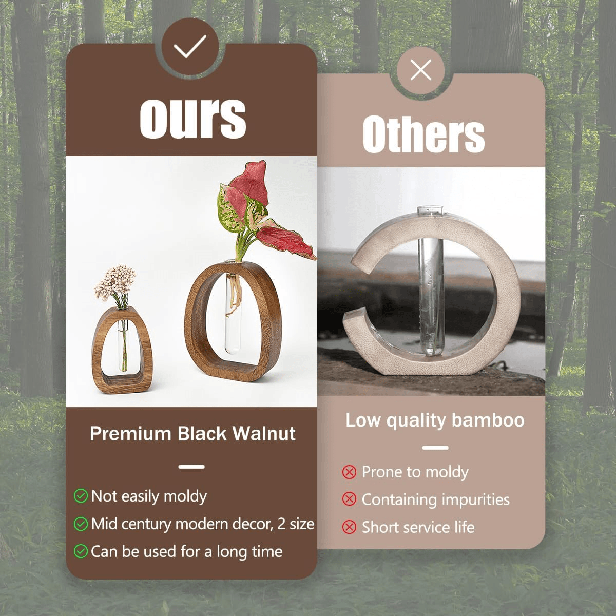 1pc Large Solid Wood (Cedar) Vase with Glass Test Tubes - Modern Base-Stem Vase Suitable for Hydroponic Plants, Aeroponic Systems, Air-Purifying Houseplants - Desk & Shelf Decor for Home Office, Durable Wood Frame Glass Tubes