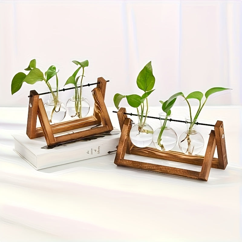 1pc Creative Wooden Stand and Hydroponic Glass Vase, Pothos Plant Vase Decoration, Indoor Desktop Ornament, Office Decorative Accessory
