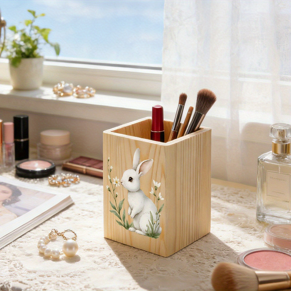 1pc Classic Square Wooden Pencil Holder, Stationery Organizer&wooden Vase, Vintage Style Remote Control & Pen Holder Organizer, Living Room Sundries Holder, Bedroom Earing Hair Ring Jewelry Storage Box, Home Organization And Storage Supplies