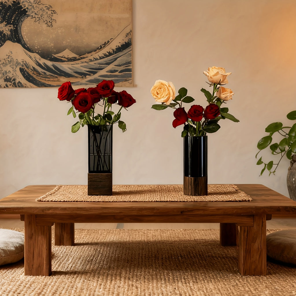 An Elegant Art Glass Vase with a Wooden Base - a High-Quality And Durable Decorative Accent | The Perfect Gift for Housewarming, Christmas, Birthdays, And Holidays | Suitable for Fresh\u002FDried Flowers, Living Room Tables, Dining Centerpieces