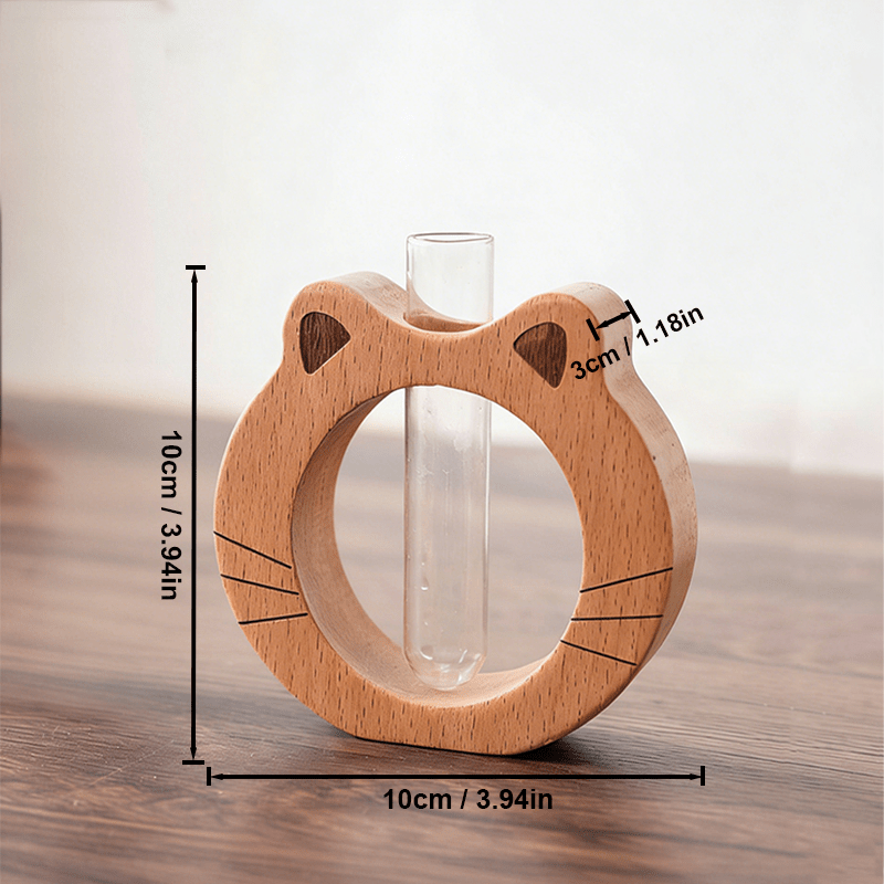 A Modern And Stylish Wooden Vase with a Cute Cat-Shaped Round Base, Featuring a Glass Tube for Transparent Flower Hydroponics. This Plant Hydroponic Vase Is Perfect for Home Decor, Hotel Apartments, And Office Desktop Ornaments
