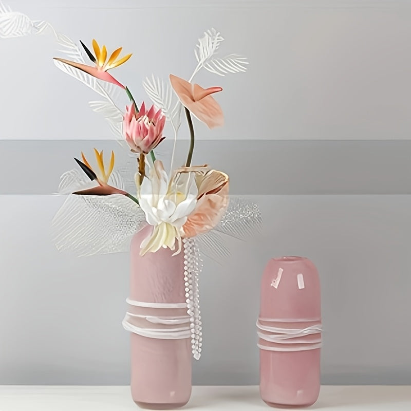 Modern Minimalist Pink Glass Vase Suitable for Living Room Decor - Retro Round Cylinder Flower Vase with Glass Body, Elegant Centerpiece for Arrangements, Wedding,, Table Centerpiece, Glass Flower Holder